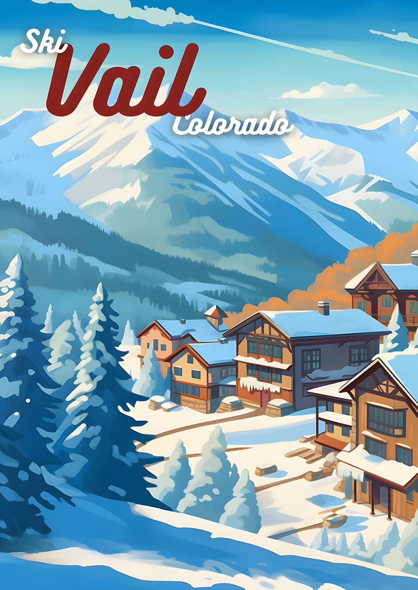 Artistic depiction of Ski Vail Colorado with snow-covered mountains and village houses.